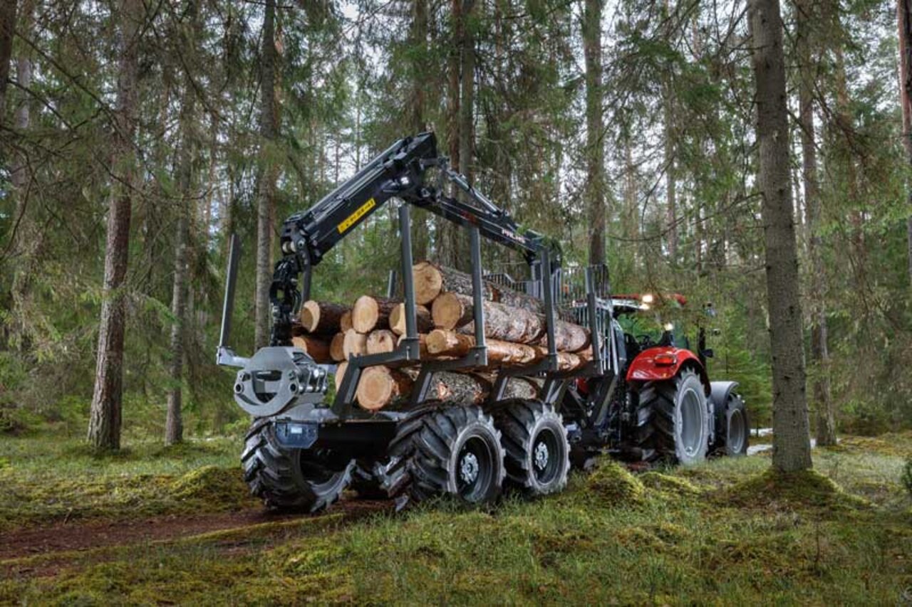 Traktor mit Kran bei Holzarbeiten im Wald